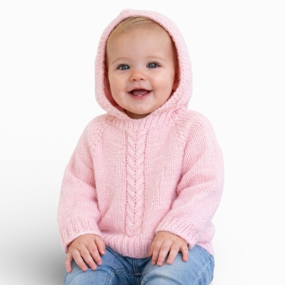 Vintage handmade baby girl blush pink cable knit hooded sweater